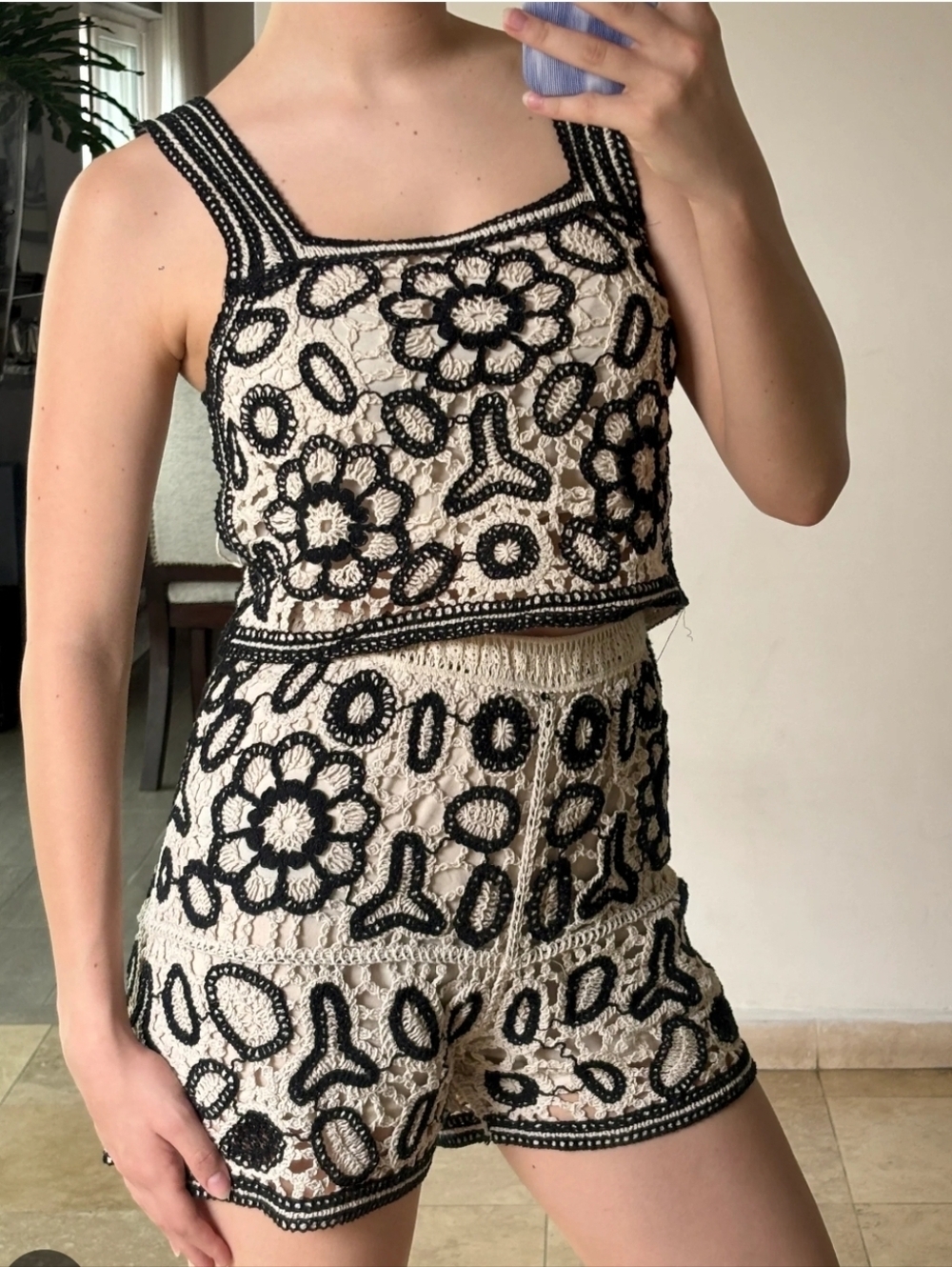 Rebellion Set Cream Crochet Crop Top And Short Pants Black Floral Trim. Size S - Picture 3 of 13